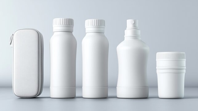Five blank white packaging containers.