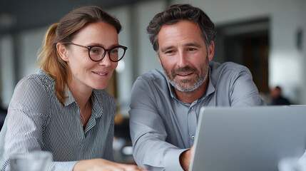 Poster - A woman and a man are deeply engaged in a discussion while examining a laptop screen, showcasing teamwork and cooperation in a modern workspace. Their expressions reflect focus and determination