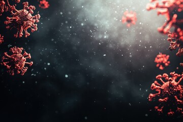 Poster - Detailed depiction of coronavirus particles suspended in dark space with shimmering effects