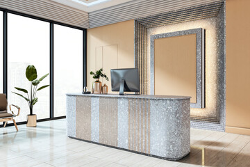 Poster - Modern luxury office reception counter with terrazzo finish and blank branding wall in empty corporate lobby interior with large glass windows. 3D Rendering