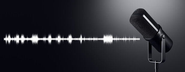Poster - Modern podcast microphone with audio waveform on dark gradient background symbolizing digital sound technology and broadcasting concept. 3D Rendering