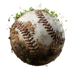 baseball resting on a patch of earth and grass showcasing dirt and vibrant green foliage