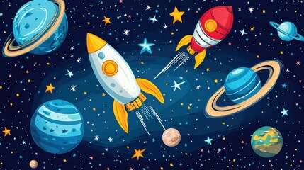 Poster - Colorful space-themed sticker pack featuring rockets, planets, UFOs, and constellations over a deep blue galaxy background