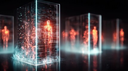 Poster - Futuristic human constructs digital lab sci-fi artwork virtual environment abstract perspective exploration of identity