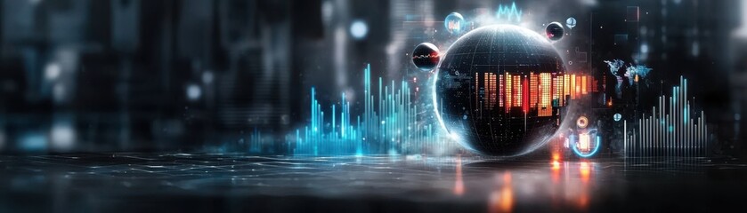 Poster - A futuristic digital landscape featuring a glowing sphere surrounded by data visualizations and abstract elements, representing technology and innovation.
