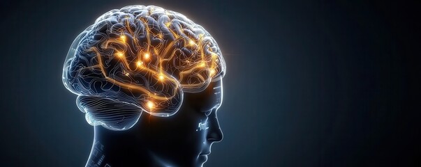 Poster - A glowing, modern representation of a brain in profile, showcasing neural connections and activity against a dark background.