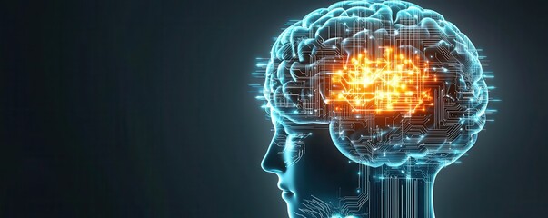 Poster - A digital illustration of a human brain with circuitry elements, glowing in orange, symbolizing artificial intelligence and cognitive processes.