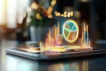 Poster - A digital display shows financial data with colorful graphs and coins, symbolizing investment and technology in a modern setting.