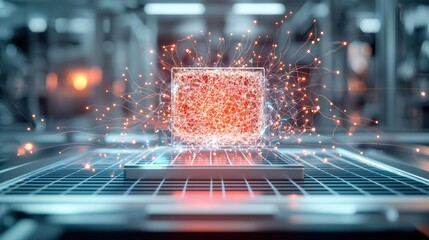 Poster - Dynamic energy burst from laptop futuristic laboratory digital art high-tech environment close-up view innovation concept