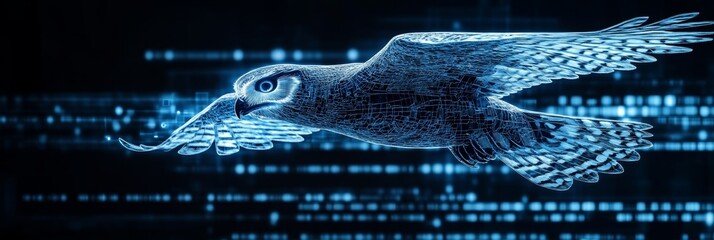 Poster - futuristic blue holographic falcon soaring in cyberspace, symbolizing digital progress.