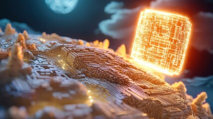 Poster - Futuristic digital landscape virtual reality world 3d rendering tech environment aerial view innovation concept