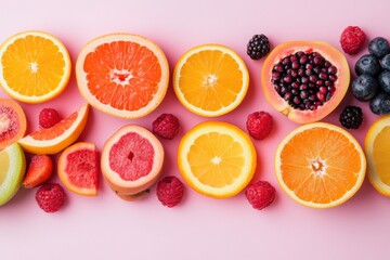 Aufkleber - Vibrant arrangement of fresh fruits and berries on a soft pastel background showcasing a fresh and minimal style suitable for health and nutrition themes
