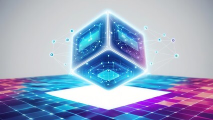 Fototapete - glowing cube with blue and purple patterns floating over digital grid representing business insights