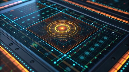 Poster - military-grade satellite data encryption interface showcasing a circuit board with a glowing circle