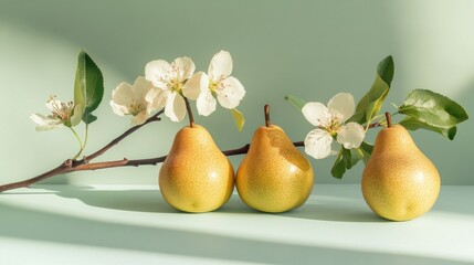 Poster - Ripe, golden pears nestle alongside blossoming white flowers on a slender branch against a calming light green background, capturing the beauty of nature's bounty and harmony
