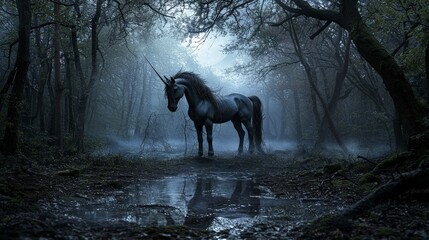 Aufkleber - Mysterious unicorn encounter in enchanted forest fantasy photography ethereal atmosphere dreamlike view