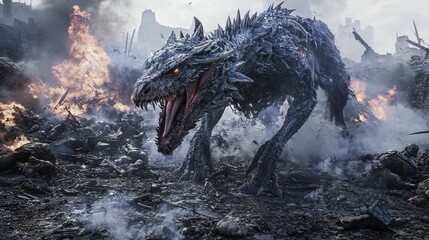 Poster - Epic dragon battle in war-torn landscape fantasy artwork dark atmosphere dramatic viewpoint