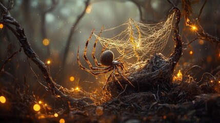 Poster - Spider weaving intricate web in enchanted forest nature photography magical atmosphere mystical perspective