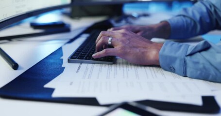 Poster - Man, hands and typing on computer with paperwork for surveillance report, patrol logbook or planning. Professional, security guard and technology for witness statement or handover document in office