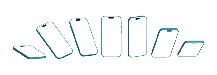 Poster - 3D Smartphone Mockup with White Screen – Blue Mobile Phone Vector Set in Multiple Angles on White Background