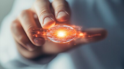 Poster - A hand gently manipulates a glowing digital orb, showcasing the interaction between human creativity and advanced technology in a contemporary office setting