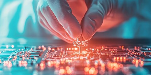 Poster - In a contemporary lab, an engineer skillfully interacts with a circuit board, focusing on intricate electronic components under ambient lighting