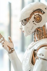 Poster - A humanoid robot engages in a thoughtful gesture, symbolizing the connection and collaboration between humans and technology in a contemporary environment