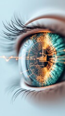 Poster - A close-up of an eye reveals intricate digital patterns and lines, highlighting the connection between human vision and advanced technology in a modern setting