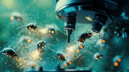 Poster - Digital visualization of a nanobot swarm on a microscope slide, demonstrating advanced nanotechnology, molecular research, and futuristic medical applications, illustrating precision science and innov