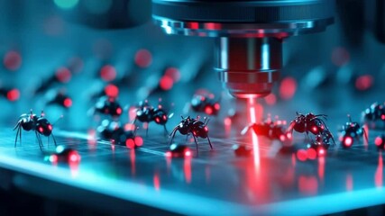 Poster - Digital visualization of a nanobot swarm on a microscope slide, demonstrating advanced nanotechnology, molecular research, and futuristic medical applications, illustrating precision science and innov