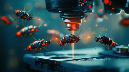 Poster - Digital visualization of a nanobot swarm on a microscope slide, demonstrating advanced nanotechnology, molecular research, and futuristic medical applications, illustrating precision science and innov
