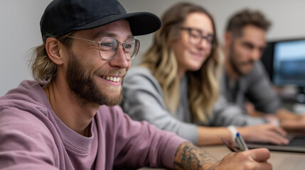 Poster - Engaged digital marketing professionals gather in a stylish office, enthusiastically brainstorming content ideas while sharing insights and experiences. Laughter and creativity fill the atmosphere