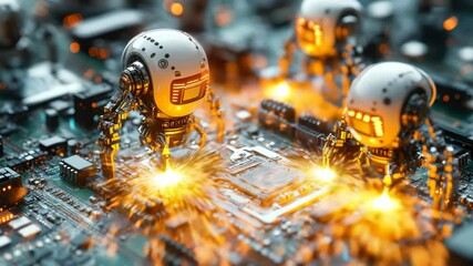 Poster - Futuristic nanorobots actively assembling a circuit board, showcasing advanced nanotechnology, precision engineering, the future electronic manufacturing, symbolizing innovation and automation.