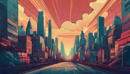 Aufkleber - Futuristic cityscape with vibrant colors and dynamic lines