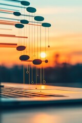 Poster - Suspended geometric shapes create a striking visual juxtaposition against a colorful sunset sky, enhancing the modern aesthetic of a laptop