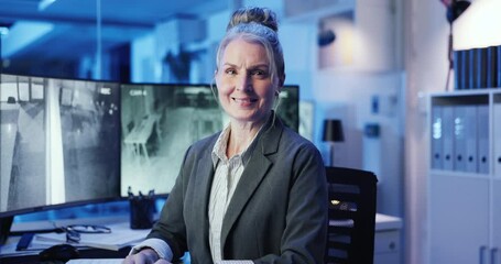 Aufkleber - Computer screen, face and smile with woman in CCTV control room for safety or security. Live feed, surveillance and typing with happy mature worker at government headquarters for law enforcement