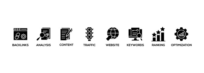 Poster - SEO banner web icon vector illustration concept for search engine optimization with icon of website, analysis, content, backlinks, keywords, traffic, ranking, and optimization
