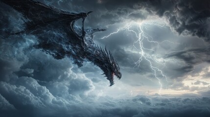 Poster - Majestic hrsvelgr dragon soaring above stormy horizon fantasy art dramatic sky mythical environment