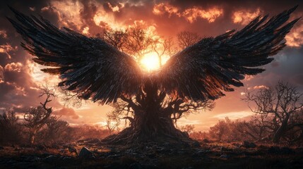 Aufkleber - Majestic wings unfurled at sunset enchanted forest digital art mystical atmosphere low angle power and nature