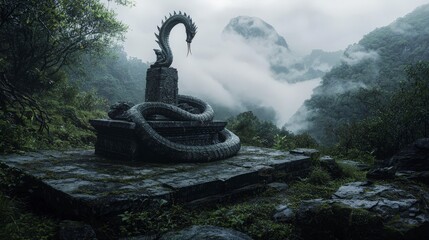 Poster - Majestic naga sculpture resting on sacred stone enchanted forest fantasy art serene atmosphere mystical viewpoint