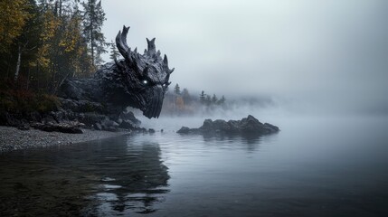 Wall Mural - Mysterious serpent emerges from misty waters okanagan lake fantasy art tranquil environment wide angle mythology