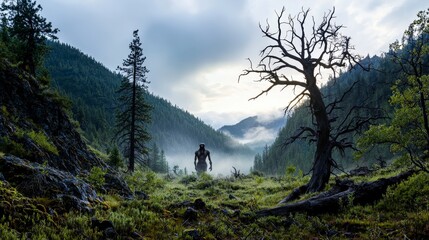 Poster - Mysterious creature emerges from mist in serene paiute valley nature photography tranquil wilderness scene