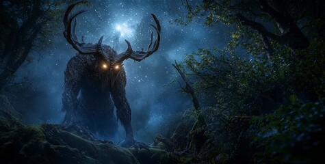 Poster - Mysterious forest creature emerges at night enchanted woodland fantasy art dark atmosphere dramatic viewpoint