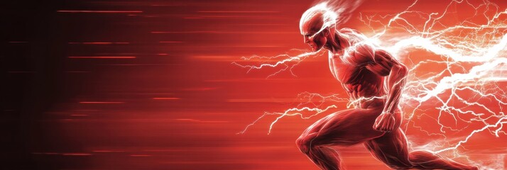 Fototapete - Dynamic running figure with energy burst against a red background showcasing strength and movement