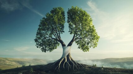 Aufkleber - Tree resembling human lungs symbolizes breath and natures connection in a serene landscape under a clear sky