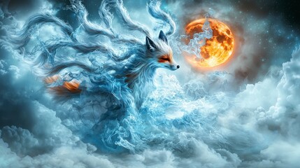 Aufkleber - Mystical fox spirit emerges from clouds under a full moon fantasy landscape vivid imagery enigmatic atmosphere