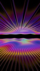 Fototapete - Rainbow lines converge at the horizon, glowing in neon against a black backdrop, creating a dynamic wave pattern that merges illusions, technology, and synergy for a futuristic design........
