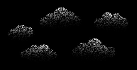 Poster - Abstract vector cloud in grain sand texture pattern isolated on black background. Black noise dot, grainy stippled effect cloudscape