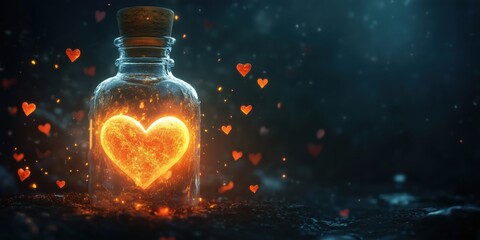 Poster - Glowing heart inside glass bottle with floating hearts in dark atmosphere