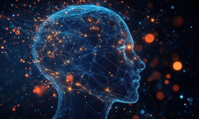 Poster - Digital human head silhouette with glowing neural network connections and particles